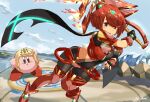  aegis_sword_(xenoblade) bangs black_gloves breasts chest_jewel earrings fingerless_gloves ga-chan24 gloves highres jewelry kirby kirby_(series) large_breasts pyra_(xenoblade) red_eyes red_legwear red_shorts redhead short_hair short_shorts shorts super_smash_bros. swept_bangs sword thigh-highs tiara weapon xenoblade_chronicles_(series) xenoblade_chronicles_2 