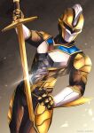  1boy absolute_titan alien arm_blade armor breastplate full_armor gloves gold_armor highres holding holding_sword holding_weapon knight long_sword looking_at_viewer pauldrons piaceen3870 shoulder_armor sword tokusatsu ultra_galaxy_fight:_the_destined_crossroad ultra_series weapon 