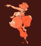  1girl absurdres animal_ears black_background bracelet covered_eyes fox_ears fox_girl fox_tail highres jewelry knee_up orange_hair orange_tail orange_theme pants pom_pom_(clothes) profile red_footwear red_pants ruoshui_(the_legend_of_luoxiaohei) shirt shoes short_hair short_sleeves simple_background solo stargirl230 tail the_legend_of_luo_xiaohei white_shirt 