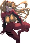  1girl blue_eyes bodysuit bracer breasts floating_hair hairpods highres interface_headset kawaraya_a-ta large_breasts long_hair neon_genesis_evangelion orange_hair pilot_suit red_bodysuit sketch solo souryuu_asuka_langley tsundere white_background 