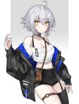  1girl bangs blush breasts ero_waifu fate/grand_order fate_(series) jeanne_d&#039;arc_(alter)_(fate) jeanne_d&#039;arc_(fate) large_breasts long_sleeves looking_at_viewer navel short_hair silver_hair solo yellow_eyes 
