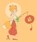  1girl absurdres animal_ears bangs eyebrows_visible_through_hair fox_ears fox_girl fox_tail highres lantern looking_at_viewer one_eye_closed orange_background orange_hair orange_tail orange_theme pants pom_pom_(clothes) red_footwear red_pants ruoshui_(the_legend_of_luoxiaohei) shoes smile solo stargirl230 tail tassel the_legend_of_luo_xiaohei 