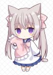  1girl animal_ears bangs blue_sailor_collar blush_stickers cat_ears cat_girl cat_tail chibi closed_mouth commentary_request dress eyebrows_visible_through_hair frilled_pillow frills full_body grey_hair hair_between_eyes hair_ribbon heart highres long_hair long_sleeves looking_at_viewer nakkar object_hug original pillow pillow_hug pink_ribbon puffy_long_sleeves puffy_sleeves ribbon ribbon_trim sailor_collar sailor_dress sleeves_past_wrists socks solo standing tail twintails very_long_hair violet_eyes white_dress white_legwear 