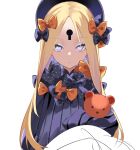  1girl abigail_williams_(fate) bangs black_bow black_dress black_headwear blonde_hair blue_eyes blush bow breasts dress fate/grand_order fate_(series) forehead hair_bow hat highres keyhole long_hair long_sleeves looking_at_viewer multiple_bows orange_bow parted_bangs polka_dot polka_dot_bow ribbed_dress sleeves_past_fingers sleeves_past_wrists small_breasts spider_apple stuffed_animal stuffed_toy teddy_bear 