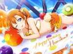  1girl ball beachball bikini birthday blue_eyes cherry food fruit hair_ornament highres kiwi_(fruit) kousaka_honoka love_live! love_live!_school_idol_project lying navel on_side one_eye_closed orange_(fruit) orange_hair shiratama_(siratama_ll) side_ponytail solo solo_focus swimsuit tongue tongue_out 