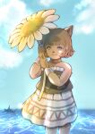  1girl animal_ears artist_name bangs bare_shoulders blue_sky blunt_bangs brown_choker brown_hair cat_ears choker closed_mouth clouds day final_fantasy final_fantasy_xi flower hands_up highres holding holding_flower lens_flare light_blue_eyes mithra_(ff11) ocean piyoco skirt sky smile solo strapless water white_flower 