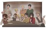  5girls 6+boys :d absurdres annie_leonhardt arm_around_shoulder armin_arlert artist_name bertolt_hoover black_shirt blonde_hair blue_eyes brown_shirt chicken_leg christa_renz connie_springer eating elbows_on_table eren_yeager freckles green_shirt grey_hair heart highres indoors jean_kirchstein macaronk mikasa_ackerman multiple_boys multiple_girls plate potato reiner_braun sasha_braus shingeki_no_kyojin shirt sitting smile table vest ymir_(shingeki_no_kyojin) 