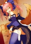  1girl absurdres animal_ear_fluff animal_ears artist_request blue_bow blue_kimono blue_legwear blue_ribbon blush bow breasts eyebrows_visible_through_hair fang fate/extella fate/extra fate/extra_ccc fate/grand_order fate_(series) fox_ears fox_girl fox_tail hair_ribbon highres indoors japanese_clothes kimono large_breasts looking_at_viewer looking_back open_mouth over-kneehighs pink_hair ribbon solo split_ponytail tail tamamo_(fate) tamamo_no_mae_(fate/extra) thigh-highs yellow_eyes 