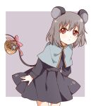  1girl :/ animal_ears bangs basket blue_capelet blush_stickers border capelet closed_mouth cowboy_shot dress expressionless eyebrows_visible_through_hair gold_trim grey_background grey_dress grey_hair highres holding holding_with_tail leaning_forward looking_at_viewer medium_hair mouse mouse_ears mouse_tail nazrin outside_border prehensile_tail red_eyes sasaki_sakiko simple_background solo tail touhou white_border 