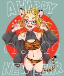  1girl 2022 animal_ears animal_print bikini black_jacket black_legwear blonde_hair blue_eyes breasts claw_pose commentary_request cowboy_shot dekomegane earrings english_text fake_animal_ears fake_tail glasses hair_pulled_back halterneck happy_new_year highres jacket jewelry long_hair long_sleeves looking_at_viewer medium_breasts multi-strapped_bikini nail_polish navel new_year no_pants open_clothes open_jacket open_mouth orange_bikini orange_nails original ponytail print_bikini red-framed_eyewear sasetsu smile solo standing swimsuit tail thigh-highs tiger_ears tiger_print tiger_tail 