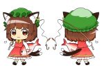  2girls :3 =3 animal animal_ear_fluff animal_ears bangs bobby_socks bow bowtie brown_eyes brown_footwear brown_hair cat_ears chen chibi closed_mouth earrings eyebrows_visible_through_hair fish fishing_rod full_body green_headwear hat highres holding holding_animal holding_fish holding_fishing_rod jewelry long_sleeves looking_at_viewer mob_cap multiple_girls multiple_views oninamako petticoat puffy_long_sleeves puffy_sleeves red_skirt red_vest short_hair simple_background single_earring skirt socks touhou v-shaped_eyebrows vest walking white_background white_legwear yellow_bow yellow_bowtie 
