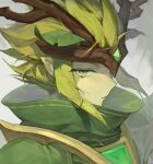  1boy antlers character_request cookie_run crown fake_antlers gem green_eyes green_hair green_theme grey_background hair_ornament jubi_(bynl) leaf_hair_ornament looking_at_viewer male_focus pointy_ears portrait profile sidelocks solo spiky_hair turtleneck 
