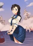  1girl aircraft airship barleyshake bioshock_(series) bioshock_infinite black_hair blue_eyes blue_skirt blue_sky bow braid breasts building choker clouds commentary dirigible elizabeth_(bioshock_infinite) english_commentary hair_bow highres long_hair looking_at_viewer neckerchief outdoors partially_submerged ponytail see-through shirt signature skirt sky solo water wet wet_clothes wet_shirt wringing_clothes wringing_skirt 