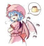  1girl ascot bat_wings blue_hair bow crossed_arms dress embodiment_of_scarlet_devil eyebrows_visible_through_hair fang flapping food frills from_behind hat hat_ribbon highres looking_at_viewer mirukuro092 mob_cap one_eye_closed open_mouth pink_dress pudding puffy_short_sleeves puffy_sleeves red_bow red_eyes red_ribbon remilia_scarlet ribbon ribbon_trim short_hair short_sleeves simple_background smile smug solo touhou vampire white_background wings 