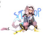  1girl animal_ears ankle_boots arknights background_text bangs black_hairband black_skirt blue_bow boots bow braid cat_ears cat_girl cat_tail full_body goldenglow_(arknights) hair_bow hairband high-waist_skirt jacket kagura_tohru lightning_bolt_print long_hair multicolored_clothes multicolored_jacket open_clothes open_jacket orange_eyes pantyhose parted_bangs pink_footwear pink_hair shirt side_braid sitting skirt solo tail two-tone_jacket white_background white_legwear white_shirt 
