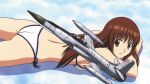  1girl aircraft airplane ass back bangs bikini breasts brown_eyes brown_hair closed_mouth clouds cloudy_sky day doi_shizuha eyebrows_visible_through_hair highres long_hair looking_at_viewer lying medium_breasts official_art on_stomach scan sky smile solo stratos_4 swimsuit thighs white_bikini yamauchi_noriyasu 