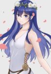  1girl bangs bare_shoulders bd13h blue_eyes blue_hair blush breasts dress eyebrows_visible_through_hair fire_emblem fire_emblem_awakening fire_emblem_heroes flower hair_between_eyes hair_flower hair_ornament highres looking_at_viewer lucina_(fire_emblem) official_alternate_costume petals small_breasts smile symbol_in_eye teeth white_background white_dress 
