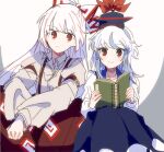  2girls bangs blue_dress blue_hair blue_headwear book bow commentary_request dress feet_out_of_frame fujiwara_no_mokou hair_bow hat holding holding_book itomugi-kun kamishirasawa_keine long_hair long_sleeves looking_at_viewer multicolored_hair multiple_girls pants red_eyes red_pants shirt sitting smile streaked_hair suspenders touhou two-tone_hair white_hair white_shirt 