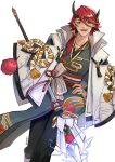  1boy electricity fangs hand_on_hip horns japanese_clothes jewelry kadeart long_bangs long_hair long_sleeves looking_at_viewer male_focus onmyoji open_mouth pointy_ears redhead short_hair_with_long_locks smile solo staff tassel tied_hair twitter_username yasha_(onmyoji) yellow_eyes 