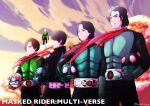  4boys anniversary bug copyright copyright_name grasshopper green_armor heisei helmet highres holding holding_helmet hongou_takeshi kamen_rider kamen_rider_1 kamen_rider_1_(shin) kamen_rider_spirits kamen_rider_the_first keishi_ozaki male_focus mask mask_removed medium_hair multiple_boys red_scarf reiwa scarf shin_kamen_rider short_hair typhoon_(kamen_rider) 