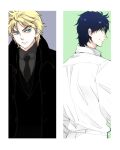  2boys blonde_hair blue_eyes blue_hair dio_brando dress_shirt formal jojo_no_kimyou_na_bouken jonathan_joestar long_coat multiple_boys necktie niku_harumaki phantom_blood shirt suit 