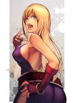  1girl armpits bangs belt blue_eyes bracelet breasts choker dress elbow_gloves fingerless_gloves gloves hand_on_hip hand_up hinoru_saikusa jenet_behrn jewelry large_breasts long_dress long_hair looking_at_viewer looking_back mark_of_the_wolves open_mouth pirate purple_dress red_glove sideboob sleeveless sleeveless_dress the_king_of_fighters the_king_of_fighters_xv 