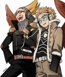  2boys amplifier audio_jack belt blonde_hair boku_no_hero_academia boots cable cellphone costume cowboy_shot crested_hair epaulettes facial_hair facial_mark feathered_wings fingerless_gloves from_below fur-trimmed_jacket fur_trim gloves goatee hand_in_pocket hawks_(boku_no_hero_academia) headphones holding holding_cable holding_phone jacket kadeart leather leather_jacket leather_pants listening_to_music long_hair male_focus multiple_boys mustache open_mouth pants phone present_mic red_feathers red_wings rimless_eyewear sharing shirt short_hair side-by-side simple_background smartphone standing stubble studded_belt studded_jacket sunglasses teeth tight tight_shirt tinted_eyewear twitter_username white_background wings 