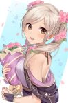  1girl alternate_costume bare_shoulders blue_background bouquet breasts brown_eyes fire_emblem fire_emblem_awakening fire_emblem_heroes flower from_side hair_flower hair_ornament haru_(nakajou-28) highres holding holding_bouquet long_hair looking_at_viewer looking_to_the_side medium_breasts official_alternate_costume pink_flower robin_(fire_emblem) robin_(fire_emblem)_(female) smile solo twintails upper_body white_flower white_hair 