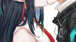  1boy 1girl arknights bare_shoulders black_coat black_hair blue_hair chinese_commentary coat commentary_request doctor_(arknights) dress dusk_(arknights) earrings from_side head_out_of_frame hetero highres jewelry kiss long_hair long_wuxian multicolored_hair necktie pointy_ears red_necktie sidelocks sleeveless sleeveless_dress streaked_hair two-tone_hair upper_body white_background white_dress 