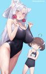  2girls :3 ahoge animal_ears aqua_background bangs black_swimsuit blunt_bangs blush breasts brown_hair commentary flat_chest fox_ears hand_on_own_chin headgear highres huge_breasts long_hair mochi_(mochi444420) multiple_girls name_tag nose_blush one-piece_swimsuit open_mouth ponytail short_twintails sidelocks simple_background sweat swimsuit touhoku_itako touhoku_kiritan twintails twitter_username very_long_hair violet_eyes voiceroid wet wet_clothes 