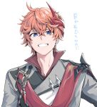  1boy bangs blue_eyes earrings genshin_impact grin hair_between_eyes jacket jewelry looking_at_viewer male_focus mask mask_on_head moboj13 orange_hair red_scarf scarf simple_background single_earring smile solo tartaglia_(genshin_impact) translation_request upper_body white_background 
