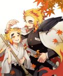  2boys :d animal_on_shoulder autumn_leaves belt bird bird_on_shoulder black_jacket black_pants blonde_hair breast_pocket broom brothers buttons commentary_request crow falling_leaves fingernails flame_print hand_up haori happy heads_together highres holding holding_broom jacket japanese_clothes kanzaki_(bluegarden) katana kimetsu_no_yaiba kimono leaf long_sleeves looking_at_another lower_teeth male_focus medium_hair mismatched_eyebrows multicolored_hair multiple_boys open_mouth pants pocket ponytail redhead rengoku_kyoujurou rengoku_senjurou scabbard sheath short_hair siblings sidelocks simple_background smile sword teeth thick_eyebrows tongue two-tone_hair uniform upper_body upper_teeth weapon white_background white_belt white_kimono 