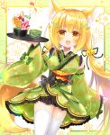  1girl :d animal_ear_fluff animal_ears argyle argyle_kimono bangs bell black_bow blonde_hair blush bow breasts brown_eyes commentary_request eyebrows_visible_through_hair food fox_ears fox_girl fox_tail green_kimono green_ribbon hair_bell hair_between_eyes hair_ornament hair_ribbon hairclip hand_up highres holding holding_tray japanese_clothes jingle_bell kimono lolita_fashion long_hair long_sleeves looking_at_viewer low_twintails medium_breasts obi original ribbon sash shikito smile solo tail thigh-highs tray twintails very_long_hair wa_lolita white_legwear wide_sleeves x_hair_ornament 