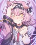  1girl animal_ears arknights black_bow black_choker black_hairband black_jacket blush bow cat_ears choker clenched_teeth collarbone crying crying_with_eyes_open electricity goldenglow_(arknights) grey_shirt hair_bow hairband hand_on_own_head highres jacket lightning_bolt_print long_hair long_sleeves looking_at_viewer open_clothes open_jacket parted_lips pink_hair sher_(imnotsher) shirt solo tears teeth upper_body yellow_eyes 