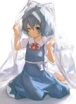  1girl :/ absurdres ahoge bangs barefoot blue_bow blue_dress blue_eyes blue_hair bow bowtie cirno closed_mouth dress eyebrows_visible_through_hair flat_chest full_body hair_between_eyes hair_bow hands_up highres looking_at_viewer one_eye_closed puffy_short_sleeves puffy_sleeves red_bow red_bowtie see-through short_hair short_sleeves simple_background sitting siyumu solo toes touhou white_background white_bow wing_collar yokozuwari 