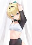  1girl absurdres arms_up bandages bandeau bangs blonde_hair breasts chest_sarashi commentary_request covered_navel eyebrows_visible_through_hair green_eyes hair_between_eyes head_tilt highres hololive kazama_iroha looking_at_viewer midriff rifufu sarashi short_hair short_sleeves shrug_(clothing) small_breasts solo stomach strapless tube_top upper_body 