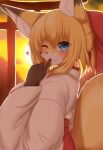  1girl :3 animal_ear_fluff animal_ears animal_hands animal_nose bangs blonde_hair blue_eyes blush fang fang_out finger_to_mouth fox_ears fox_girl fox_tail from_side furry furry_female hair_between_eyes hair_over_shoulder hand_up heart highres horokusa_(korai) japanese_clothes looking_at_viewer medium_hair miko one_eye_closed original solo standing tail tail_raised thick_eyebrows upper_body 