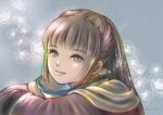  1girl artist_name bangs blunt_bangs brown_hair closed_mouth cornelia_karst eyebrows_visible_through_hair eyelashes final_fantasy final_fantasy_xi flower highres hume light_blue_background light_blue_eyes lips long_hair pink_lips piyoco smile solo upper_body 