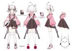  1girl absurdres bag bangs black_skirt character_sheet eyebrows_visible_through_hair handbag high-waist_skirt highres hood hoodie korean_commentary luna_nyann multiple_views official_art pink_footwear pink_hoodie piyo_(vrecord) shoes skirt smile sneakers thigh_strap twintails violet_eyes virtual_youtuber vrecord white_background 