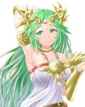  armlet armpits bare_shoulders belt blush breasts dress forehead_jewel green_eyes green_hair highres jewelry kid_icarus large_breasts laurel_crown long_hair palutena pendant tiara vambraces very_long_hair white_dress 