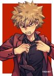  1boy adjusting_clothes adjusting_necktie angry bakugou_katsuki bangs black_necktie black_shirt blonde_hair boku_no_hero_academia border clenched_teeth collared_shirt formal jacket kadeart looking_at_viewer loose_necktie male_focus necktie red_background red_eyes red_jacket shirt short_hair simple_background solo spiky_hair teeth twitter_username two-tone_background upper_body v-shaped_eyebrows white_border wing_collar 