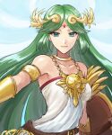  armlet belt breasts dress forehead_jewel green_eyes green_hair hazuki_(nyorosuke) highres jewelry kid_icarus kid_icarus_uprising laurel_crown long_hair multiple_belts palutena pendant shield tiara vambraces very_long_hair 