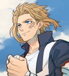  1boy bandaged_fingers bandaged_wrist bandages bandaid bandaid_on_face blonde_hair blue_eyes blue_sky boku_no_hero_academia clenched_hand clouds day determined from_below gym_uniform hair_blowing high_collar jacket kadeart looking_ahead male_focus muscular muscular_male open_clothes open_jacket outdoors scratches shirt short_hair sidelocks sky smile solo taped_fingers track_jacket u.a._gym_uniform white_shirt wind yagi_toshinori younger 