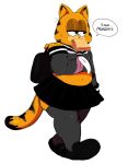  ... 1boy animal_ears animal_nose bag black_sailor_collar black_skirt cat_boy cat_ears cat_tail commentary crossdressing english_text eric_lowery fat food full_body furry furry_male garfield garfield_(character) grey_legwear grey_serafuku grey_shirt half-closed_eyes highres jitome lasagne long_sleeves mouth_hold neckerchief pleated_skirt sailor_collar school_bag school_uniform serafuku shirt shoes simple_background skirt solo speech_bubble spoken_ellipsis tail talking thick_thighs thigh-highs thighs white_background white_neckerchief 