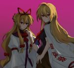  2girls alternate_costume arong ascot bangs blonde_hair bow collar collared_shirt hair_bow hair_ribbon hand_on_hip hand_on_own_chin height_difference jacket jacket_on_shoulders large_bow long_hair looking_at_viewer matara_okina multiple_girls pink_background red_bow red_ribbon ribbon see-through shirt sidelocks simple_background smile touhou translated violet_eyes white_jacket yakumo_yukari yellow_eyes 