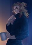  1boy black_sweater blonde_hair cup grin highres holding holding_cup kimetsu_no_yaiba long_hair long_sleeves looking_at_viewer male_focus multicolored_hair redhead remsor076 rengoku_kyoujurou smile solo standing sweater twitter_username two-tone_hair upper_body yellow_eyes 