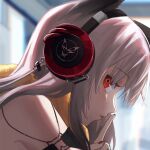  1girl animal_ears arknights backlighting bangs blurry blurry_background close-up commentary_request dress eyebrows_visible_through_hair face finger_to_mouth fox_ears from_side frostleaf_(arknights) hasegawamorito headphones highres index_finger_raised indoors light_blush long_hair looking_at_viewer off-shoulder_dress off_shoulder parted_lips red_eyes red_nails scarf solo white_hair yellow_scarf 