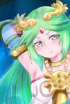  armlet bare_shoulders belt blush breasts dress forehead_jewel green_eyes green_hair highres jewelry kid_icarus laurel_crown long_hair palutena pendant tiara vambraces very_long_hair 