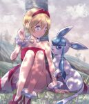  1girl absurdres against_tree anklet arm_support bangs blonde_hair blue_eyes bracelet closed_mouth clouds collar collarbone commentary_request day eyelashes flower fuyu_(utngrtn) glaceon grass hairband hand_up highres irida_(pokemon) jewelry outdoors pokemon pokemon_(creature) pokemon_(game) pokemon_legends:_arceus red_footwear red_hairband red_shirt shirt shoes short_hair shorts sitting sky smile strapless strapless_shirt tree watermark white_shorts 