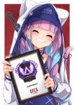  1girl ^_^ absurdres animal_hood apex_legends bangs blue_hair blunt_bangs braid cat_girl cat_hood cat_tail closed_eyes grin highres hololive hood hooded_jacket hoodie jacket long_hair minato_aqua multicolored_hair purple_hair ribbon smile solo streaked_hair suzushika_(13_96) tail tail_ornament tail_ribbon twin_braids twintails two-tone_hair virtual_youtuber white_jacket 